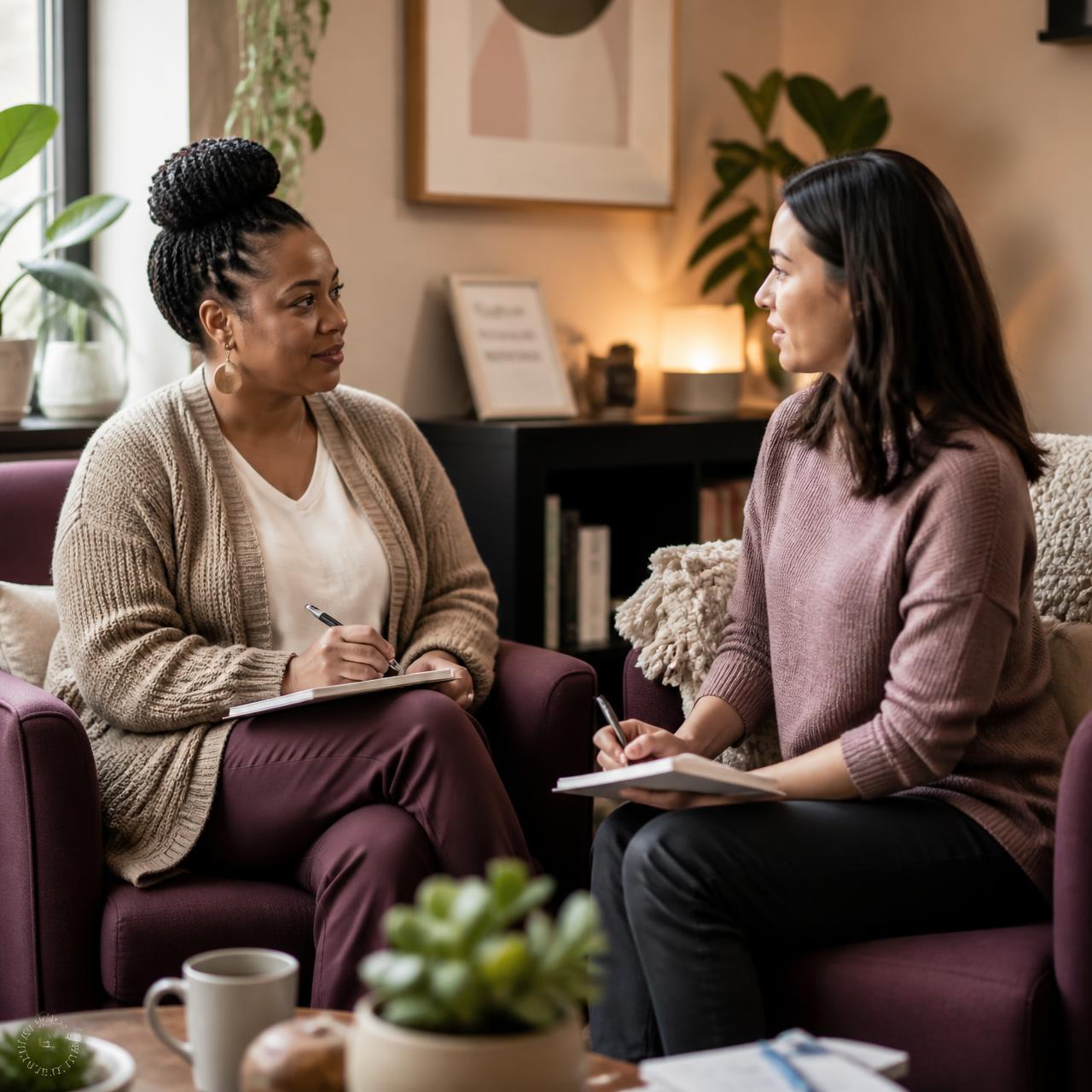 Two counseling professionals in a supportive supervision conversation
